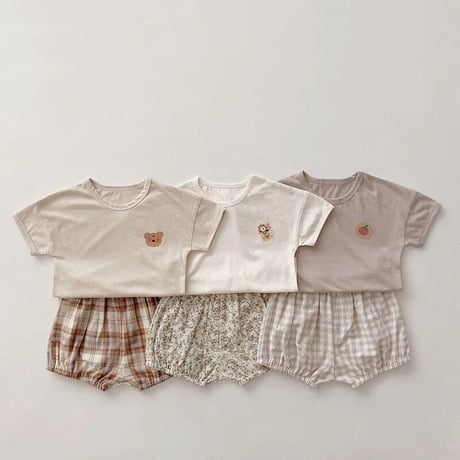3color くすみカラーワンポイントtシャツ×柄パンツセットアップ(1667)