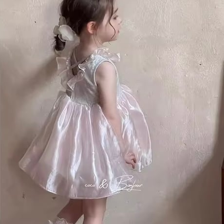 kids ベビーピンクバッククロスサテンチュールワンピース(1723)