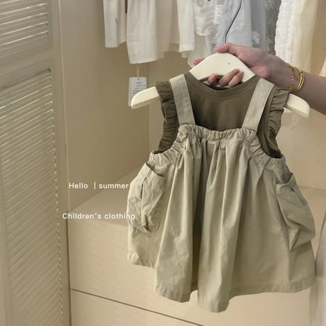 kids Autumnカラーノースリーブトップス×ポケットワンピースset(4186)