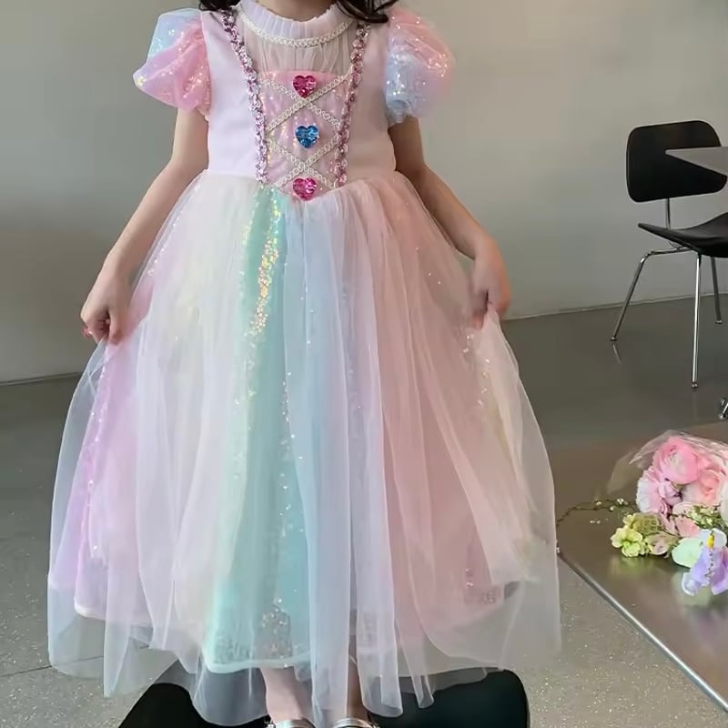 kids カラフルハートストーンレインボースパンコールプリンセスドレス