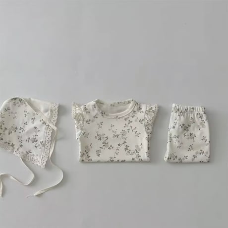 ナチュラルローズロンパース&パンツ&ボンネットset(4173)