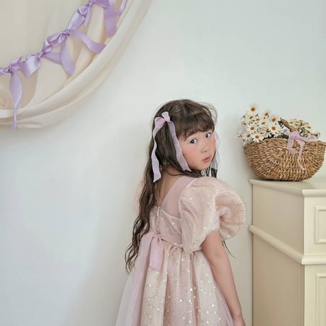 kids pink/champagne スパンコールパフスリーブドレス(638)