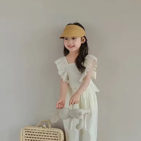 kids black/cream バックシャンショルダーコットンフリルセットアップ(1244)