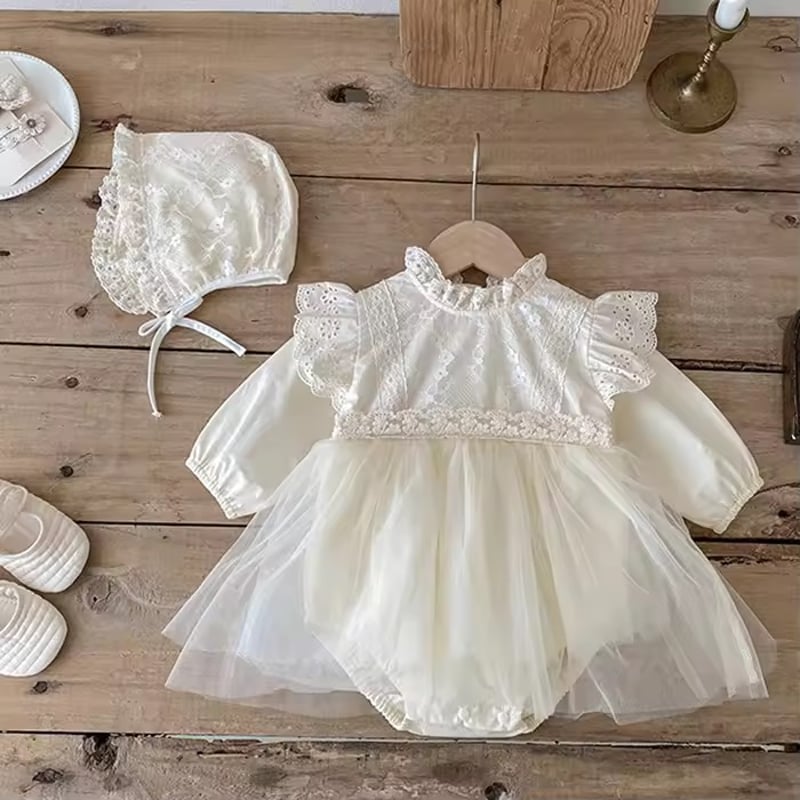 white/apricot ボンネットsetセレモニーレースドレスロンパース(983