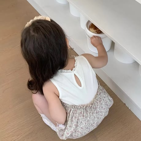 姉妹お揃いノースリーブリブ切替フラワーロンパースorワンピース(1556)