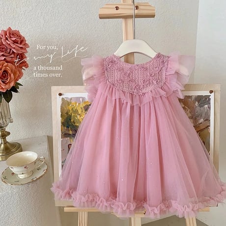 kids ivory/pink フロントフリルローズガーリーラメチュールドレス(4126)