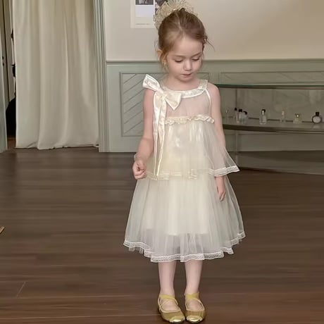 kids creamネックサイドリボンダブルチュールAラインドレス(1485)