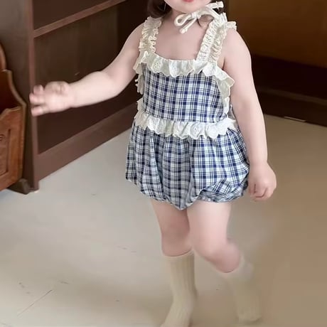 ブルーチェックコットンフリルキャミロンパース(1470)