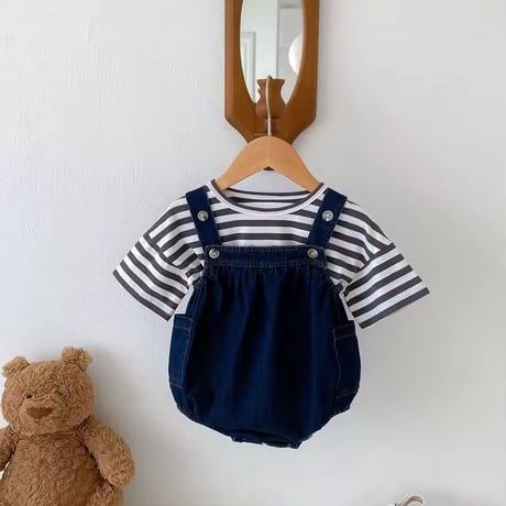 denimサロペット×ボーダーくまトップス(1310)