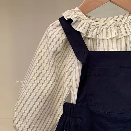 jennybebeストライプシャツ×サロペットモノトーンコーデ(700)
