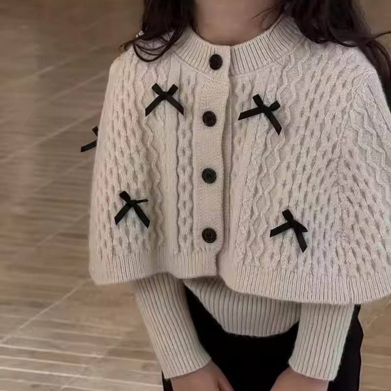 kids ケーブルニットブラックリボンポンチョカーディガン(1661