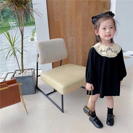 kids 刺繍襟ぽわん袖Aラインワンピース(2385)
