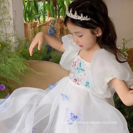 kids Butterfly fliesパフスリーブホワイトドレス(4109)