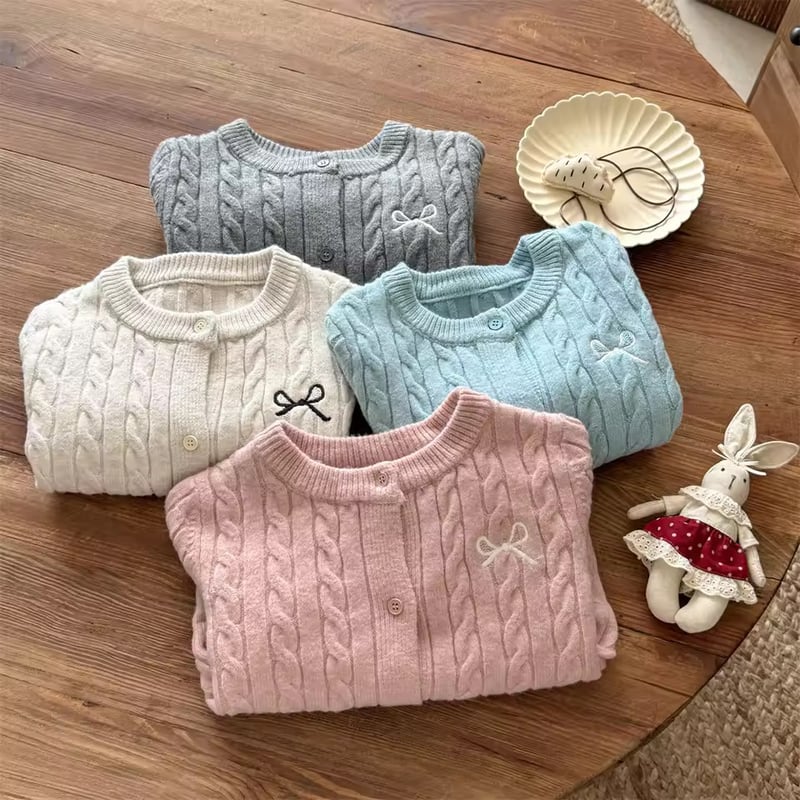 kids 4colorワンポイントリボンケーブルニットカーディガン(2007