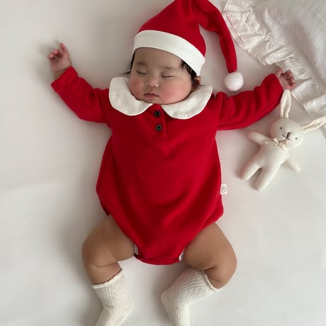 Xmas red/green サンタ帽子付き裏起毛ロンパースorタイツ(3342)