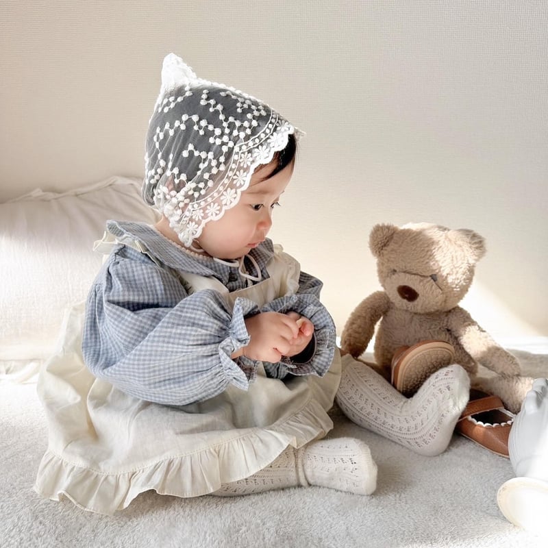 blue checkロンパース×frillエプロンワンピース(3193) | こども