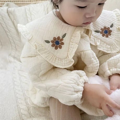 姉妹お揃いキルティングアイボリーお花刺繍ロンパースorワンピース(3322)