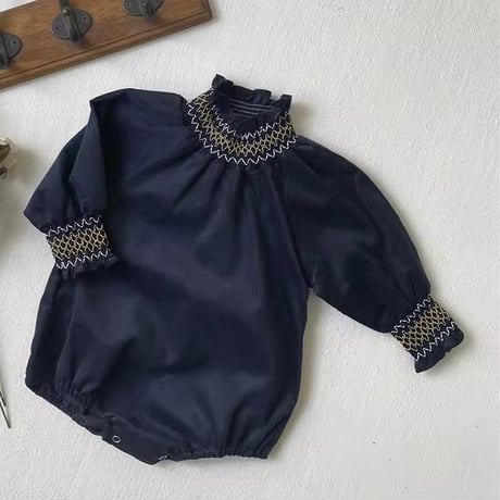 green/navy 姉妹お揃い立て襟刺繍ロンパースorワンピース(4184)