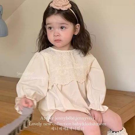 jennybebe姉妹お揃いflower embroidery切替ロンパースorワンピース(4190)