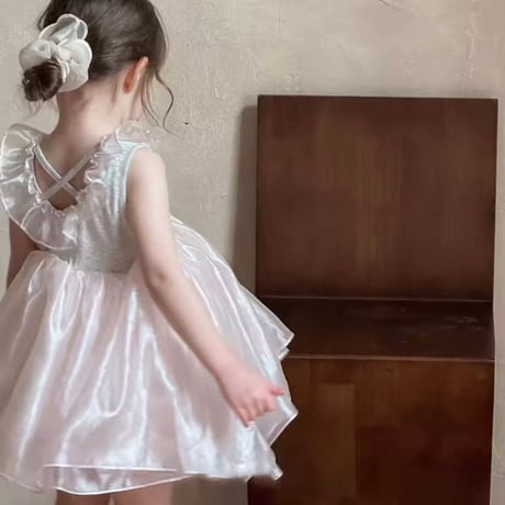 kids ベビーピンクバッククロスサテンチュールワンピース(1723)
