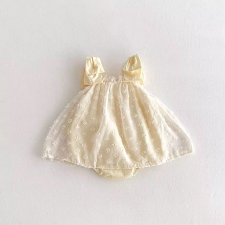 white×lemon yellowショルダーリボンシフォンレースロンパース(784)