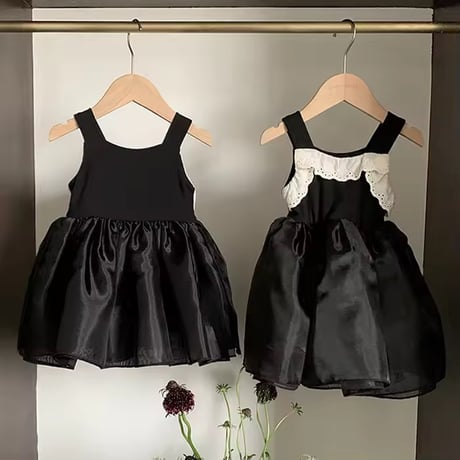white/black 姉妹お揃いノースリーブコットンフリルシフォンワンピースorワンピース(1404)
