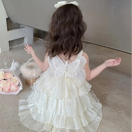 kids 4color シャーリングtripleサテンチュールバタフライドレス(3232)