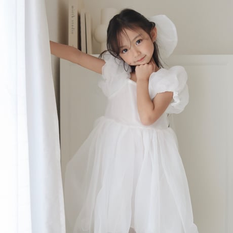 kids kids BIGリボンアクセ付きwhiteパフスリーブドレス(687)