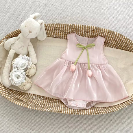 tulip/ribbon サテンピンクチュールスカートロンパース(1239)