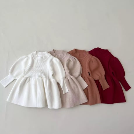 4color くすみ暖色カラーぽわん袖ニットワンピース(2320)