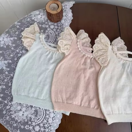 momo 3colorアイレットショルダーコットンフリルニットノースリーブトップス(2268)