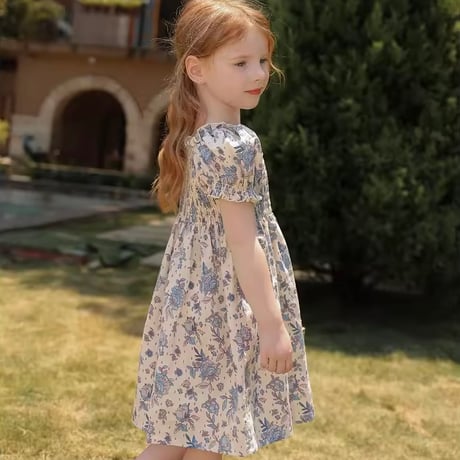 姉妹お揃いブルーペイズリー柄シャーリングロンパースorワンピース(1283)
