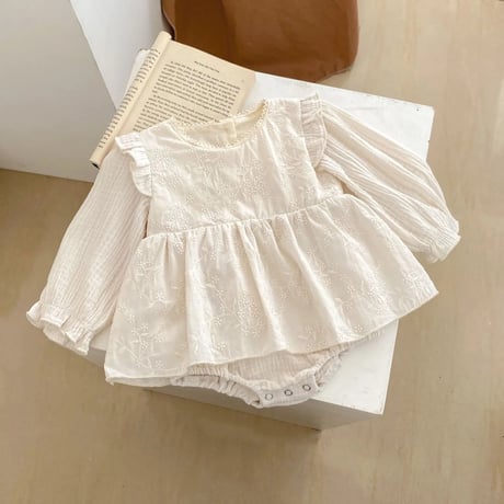 beige flower刺繍リネンスカートロンパース(4032)