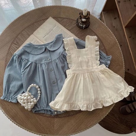 blue checkロンパース×frillエプロンワンピース(3193)