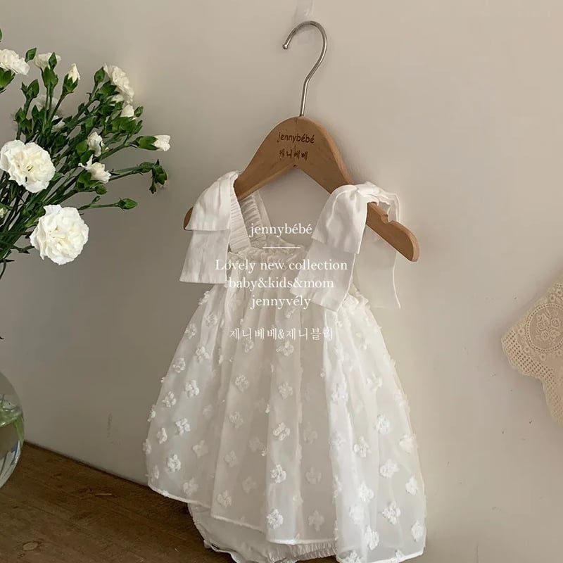 jennybebe ママとお揃い 親子コーデ ノースリーブワンピース ロンパース jennybebe ママとお揃いスノーフラワーぽこぽこ肩リボンロンパースor