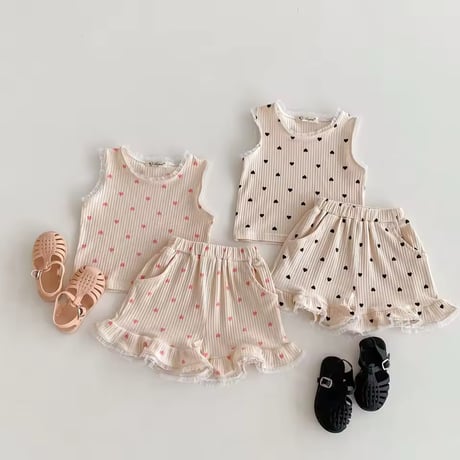 pink/black ハートプチレースタンクトップリブセットアップ(2247)