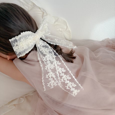 creamコットンレースリボンヘアバレッタ(1554)