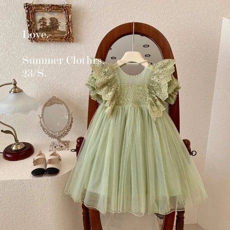 kids 3color ショルダーフリルシフォンチュールパステルドレス(3108)