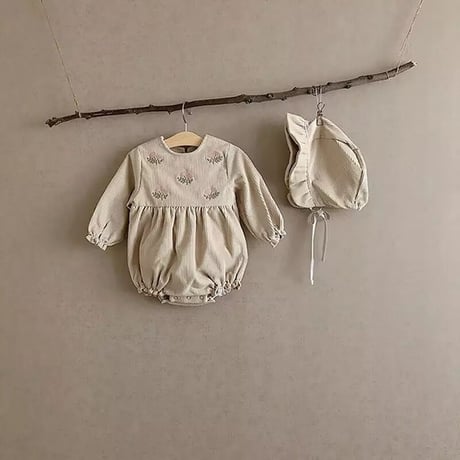 ボンネット付きコーデュロイフラワー刺繍ヴィンテージロンパース(1778)