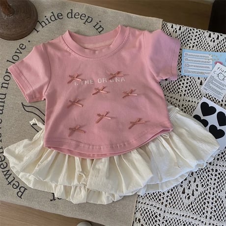 kids プチリボンピンクtシャツ or リボンバルーンキュロット(4129)