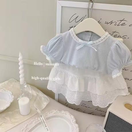 kids ice blueガーリーコットンレースパンツセットアップ(2272)