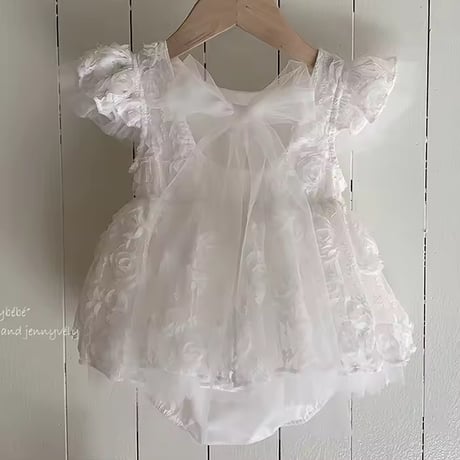 姉妹お揃いローズバックリボンスカートドレスロンパース(2137)