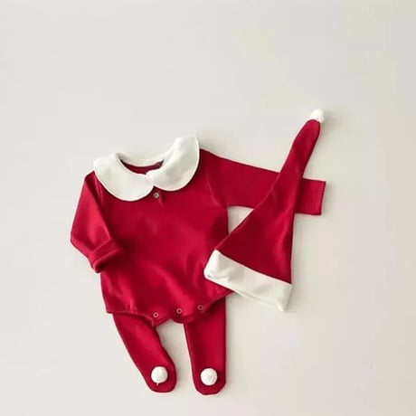 Xmas red/green サンタ帽子付き裏起毛ロンパースorタイツ(3342)