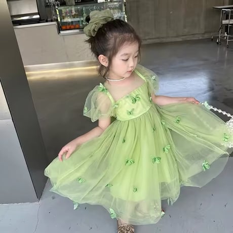 kids purple/green バタフライパフスリーブチュールドレス(838)