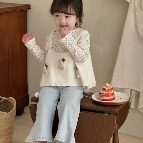 kids beige×blue小花柄トップス(1034)