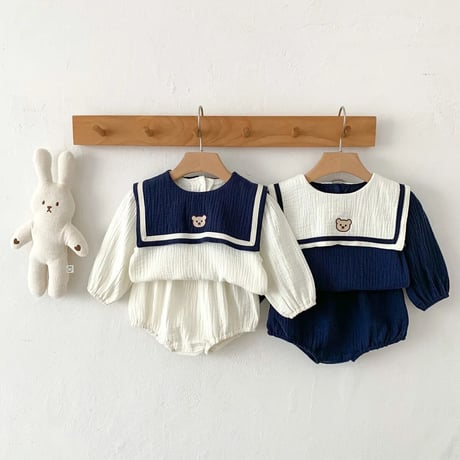 リネン生地バイカラーセーターくま刺繍セットアップ(4017)