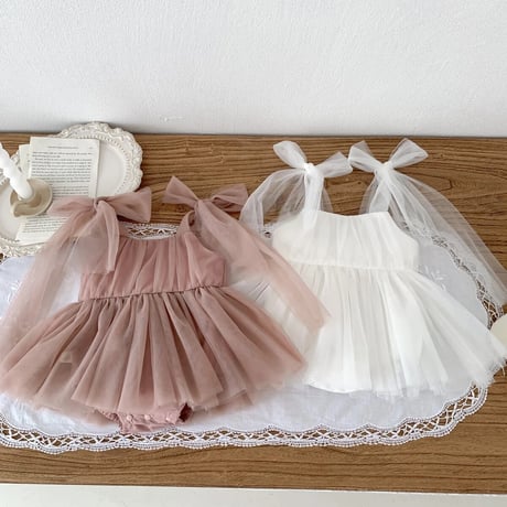 2color shoulder back ribbonチュールロンパースドレス(3354)