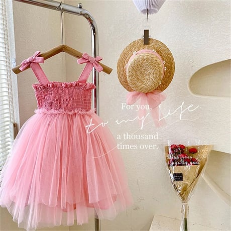 kids yellow/pinkシャーリングpopチュールドレス(4138)