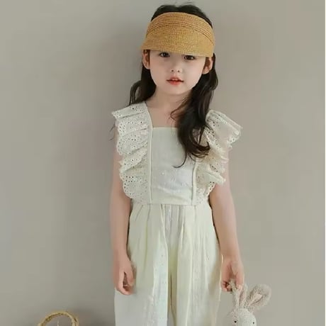 kids black/cream バックシャンショルダーコットンフリルセットアップ(1244)
