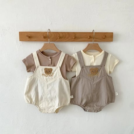 半袖リブトップス×くまワッペンサロペット(3037)